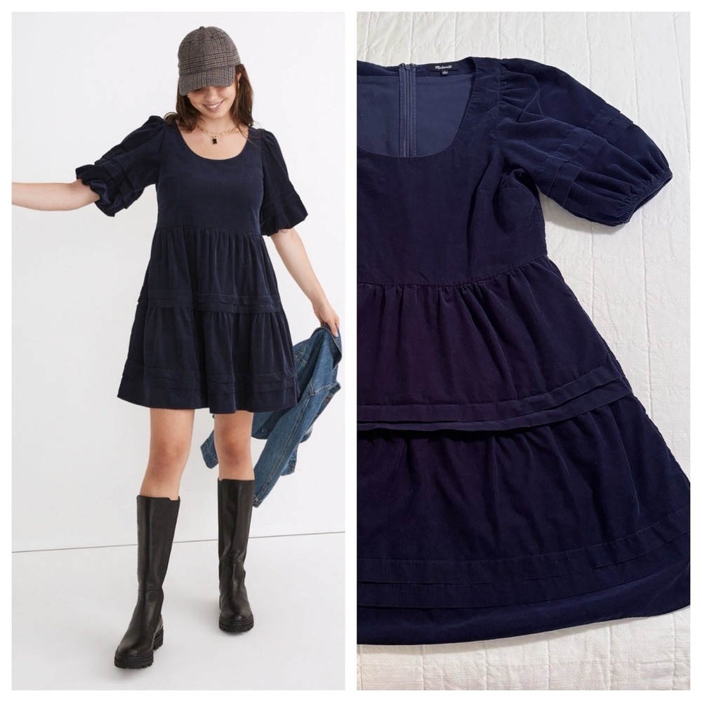 Madewell Corduroy Tiered Mini Dress Women's SMALL Navy‎ Preppy Classic